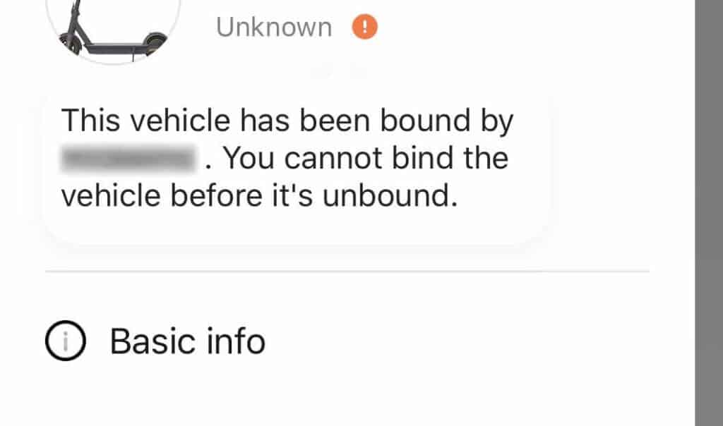 An error message in the official Ninebot app claiming that the vehicle has already been bound.