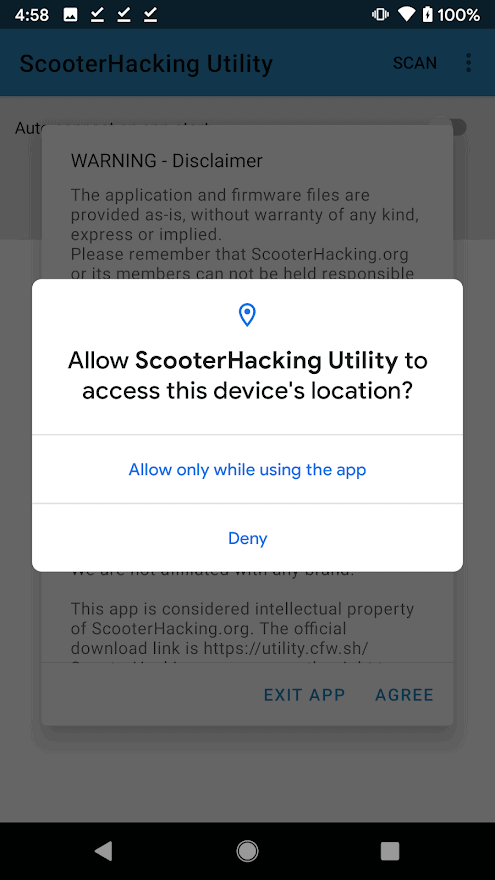 The prompt from the Android system asking for 'location' permissions.