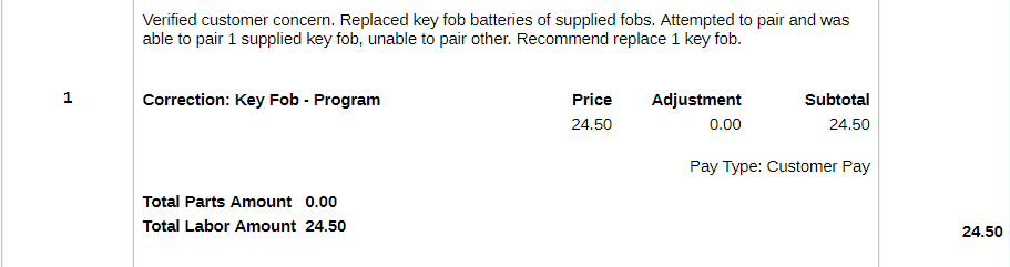 A screenshot from my invoice showing a charge of $24.50 for key fob repairing.