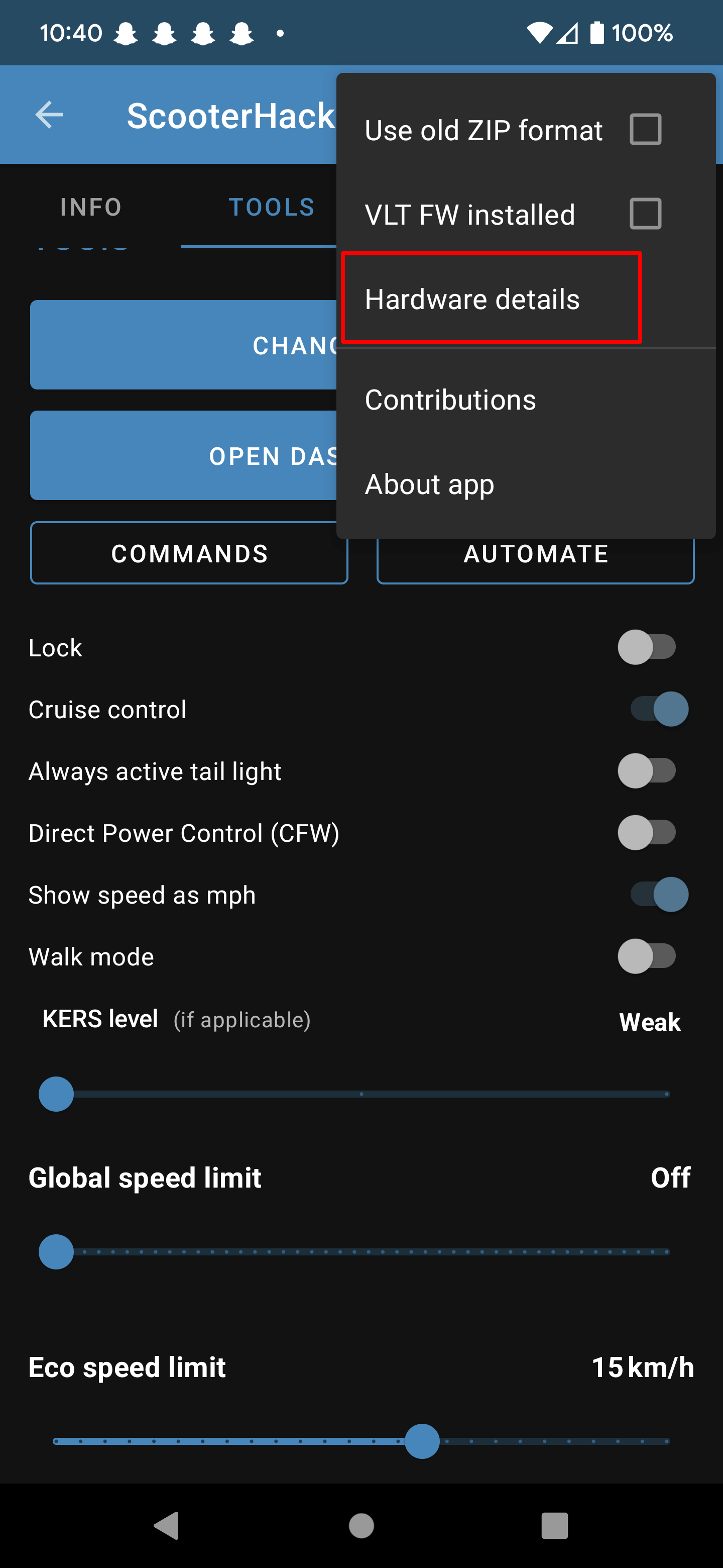 The hardware details menu in ScooterHacking Utility.